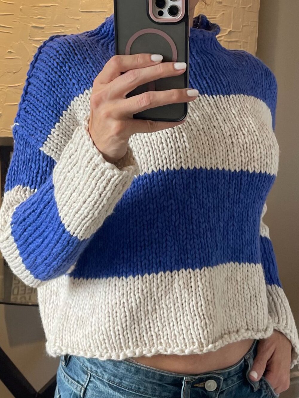 Free People Opal Rollneck Stripe Sweater Blue Cream Rugby Cropped